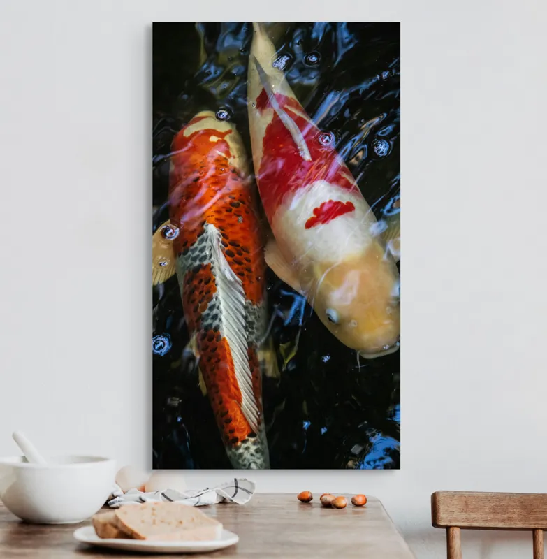 Tablou Canvas, "Dansul liniștit al peștilor koi", Pești, Apă, Culori, Reflecții, Natură, Liniște, Mișcare, Armonie, 50 x 90 cm – poza 3