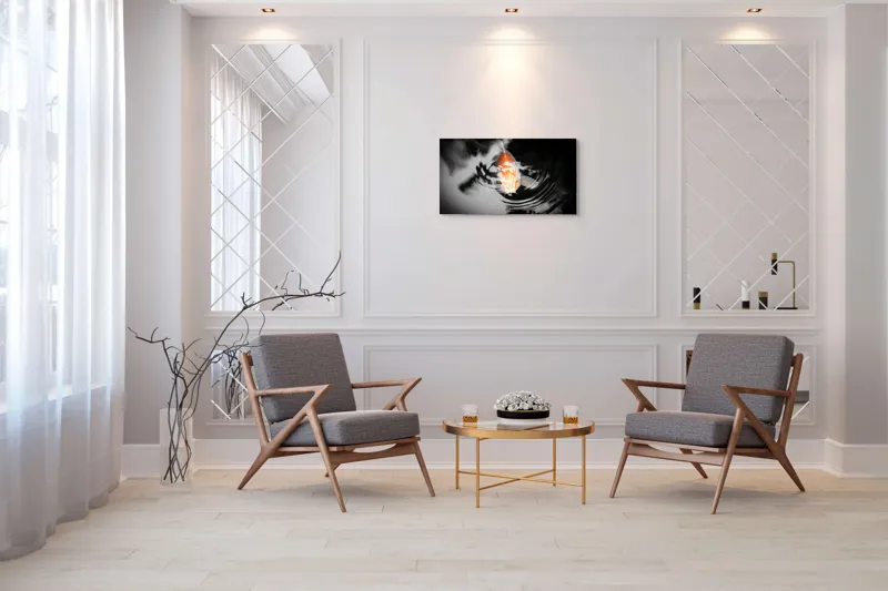 Tablou Canvas, "Peștișorul de aur în apă întunecată", Pește, Apă, Unde, Reflecție, Koi, Contrast, Înot., 90 x 50 cm – poza 7
