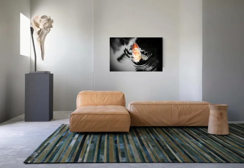 Tablou Canvas, "Peștișorul de aur în apă întunecată", Pește, Apă, Unde, Reflecție, Koi, Contrast, Înot., 90 x 50 cm – poza 8