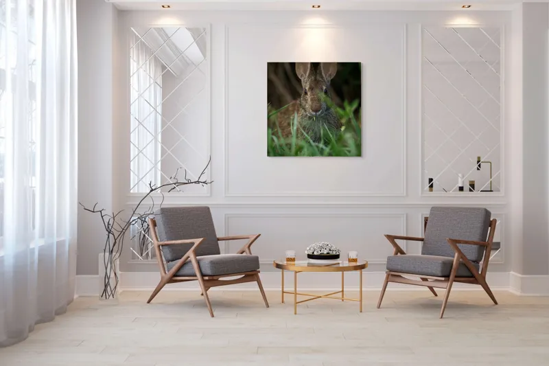 Tablou Canvas, "Urechile curioase ale iepurelui atent", Iepure, Urechi, Blană, Verdeață, Ochii Curioși, Natură, Fundal Neclar, Animal Sălbatic, Fire De Iarbă, 100 x 100 cm – poza 7