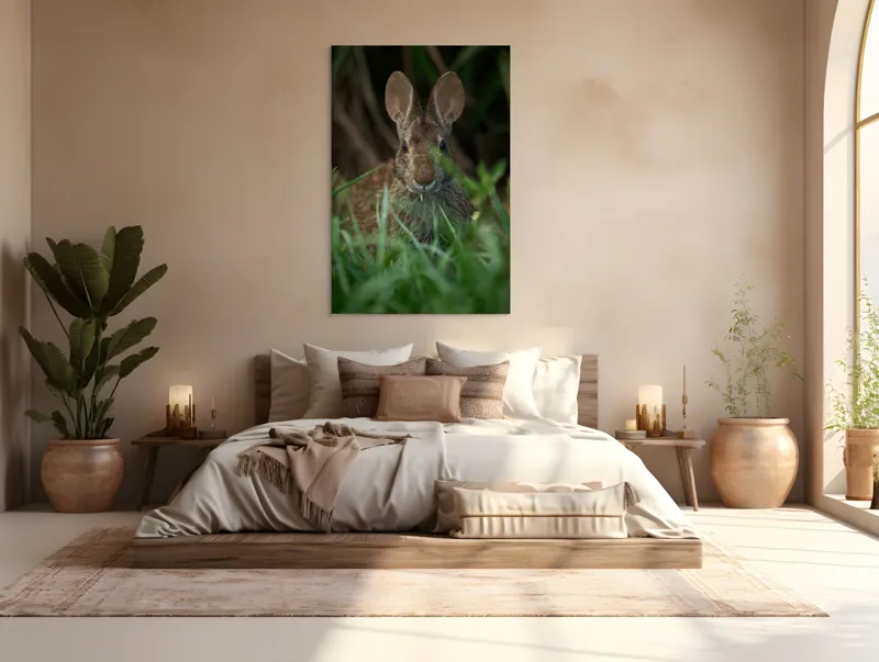 Tablou Canvas, "Urechile curioase ale iepurelui atent", Iepure, Urechi, Blană, Verdeață, Ochii Curioși, Natură, Fundal Neclar, Animal Sălbatic, Fire De Iarbă, 100 x 150 cm – poza 3