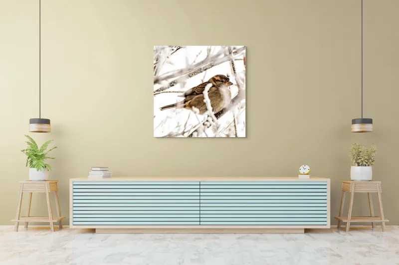 Tablou Canvas, "Vrăbiuță odihnindu-se printre crengi înghețate", Pasăre, Iarnă, Ramuri, Zăpadă, Delicatețe, Frig, Natură, Tandrețe, Supraviețuire, Frumusețe., 100 x 100 cm – poza 5