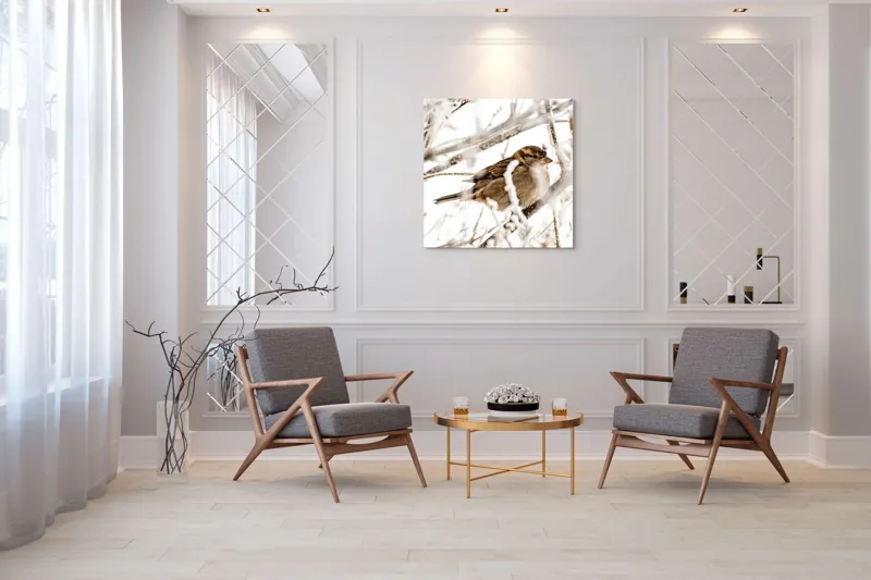 Tablou Canvas, "Vrăbiuță odihnindu-se printre crengi înghețate", Pasăre, Iarnă, Ramuri, Zăpadă, Delicatețe, Frig, Natură, Tandrețe, Supraviețuire, Frumusețe., 100 x 100 cm – poza 7