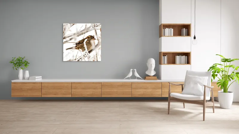 Tablou Canvas, "Vrăbiuță odihnindu-se printre crengi înghețate", Pasăre, Iarnă, Ramuri, Zăpadă, Delicatețe, Frig, Natură, Tandrețe, Supraviețuire, Frumusețe., 100 x 100 cm – poza 8