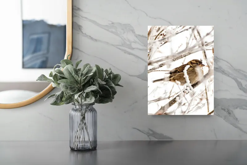Tablou Canvas, "Vrăbiuță odihnindu-se printre crengi înghețate", Pasăre, Iarnă, Ramuri, Zăpadă, Delicatețe, Frig, Natură, Tandrețe, Supraviețuire, Frumusețe., 26 x 39 cm – poza 4