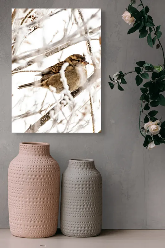 Tablou Canvas, "Vrăbiuță odihnindu-se printre crengi înghețate", Pasăre, Iarnă, Ramuri, Zăpadă, Delicatețe, Frig, Natură, Tandrețe, Supraviețuire, Frumusețe., 39 x 54 cm – poza 6
