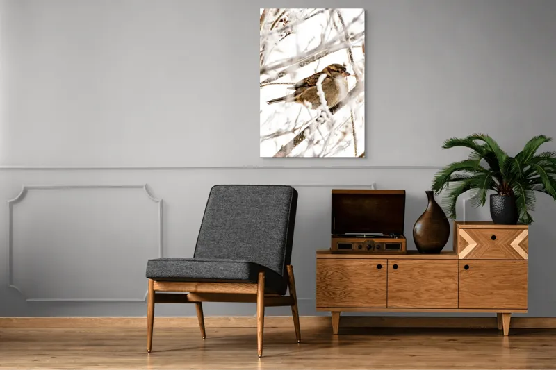 Tablou Canvas, "Vrăbiuță odihnindu-se printre crengi înghețate", Pasăre, Iarnă, Ramuri, Zăpadă, Delicatețe, Frig, Natură, Tandrețe, Supraviețuire, Frumusețe., 70 x 100 cm – poza 6
