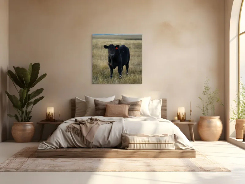 Tablou Canvas, "Vițelul în lumina asfințitului", Negru, Vaci, Prerie, Etichetă, Apus, Câmpii, Iarbă, Singurătate, Siluetă, Culoare, Silențios, 100 x 100 cm – poza 4