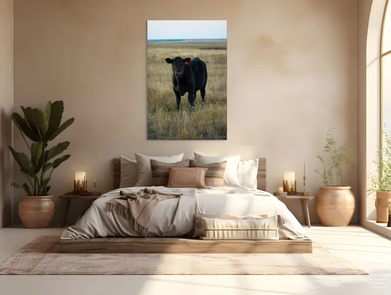 Tablou Canvas, "Vițelul în lumina asfințitului", Negru, Vaci, Prerie, Etichetă, Apus, Câmpii, Iarbă, Singurătate, Siluetă, Culoare, Silențios, 100 x 150 cm – poza 3