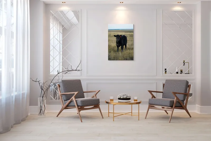 Tablou Canvas, "Vițelul în lumina asfințitului", Negru, Vaci, Prerie, Etichetă, Apus, Câmpii, Iarbă, Singurătate, Siluetă, Culoare, Silențios, 70 x 100 cm – poza 8