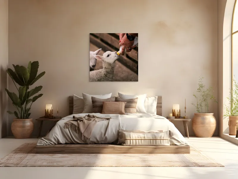 Tablou Canvas, "Mieluț hrănit cu biberonul alb", Miel, Hrănire, Om, Biberon, Grijă, Adăpost, Blană, Îngrijire, 100 x 100 cm – poza 4