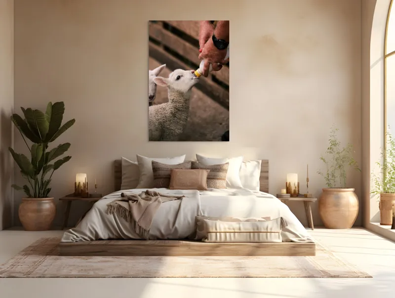 Tablou Canvas, "Mieluț hrănit cu biberonul alb", Miel, Hrănire, Om, Biberon, Grijă, Adăpost, Blană, Îngrijire, 100 x 150 cm – poza 3