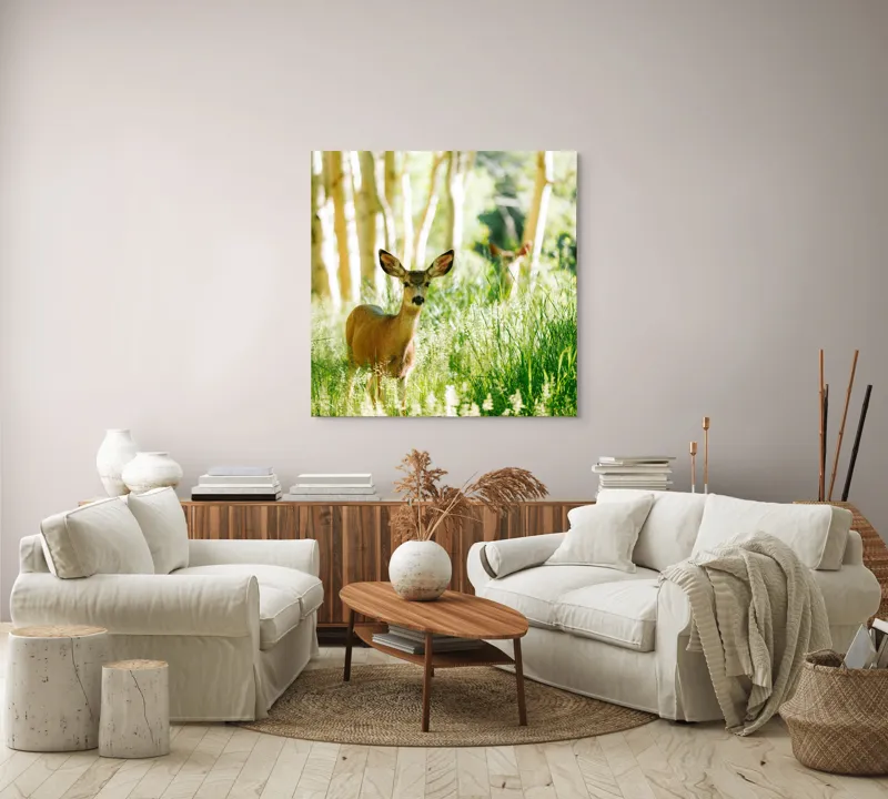 Tablou Canvas, "Caprioara printre mesteceni luminosi", Căprioară, Pădure, Lumină, Iarbă, Copaci, Natură, Serenitate, Verde, Dimineață, 100 x 100 cm – poza 3