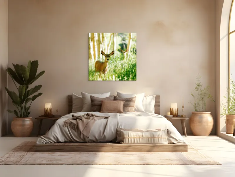 Tablou Canvas, "Caprioara printre mesteceni luminosi", Căprioară, Pădure, Lumină, Iarbă, Copaci, Natură, Serenitate, Verde, Dimineață, 100 x 100 cm – poza 4