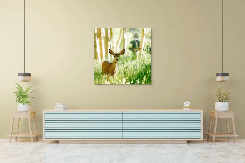 Tablou Canvas, "Caprioara printre mesteceni luminosi", Căprioară, Pădure, Lumină, Iarbă, Copaci, Natură, Serenitate, Verde, Dimineață, 100 x 100 cm – poza 5