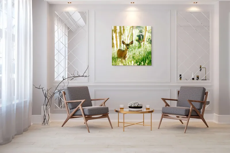 Tablou Canvas, "Caprioara printre mesteceni luminosi", Căprioară, Pădure, Lumină, Iarbă, Copaci, Natură, Serenitate, Verde, Dimineață, 100 x 100 cm – poza 7
