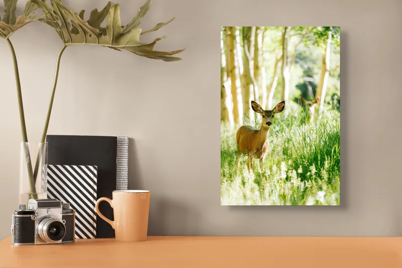 Tablou Canvas, "Caprioara printre mesteceni luminosi", Căprioară, Pădure, Lumină, Iarbă, Copaci, Natură, Serenitate, Verde, Dimineață, 26 x 39 cm – poza 3