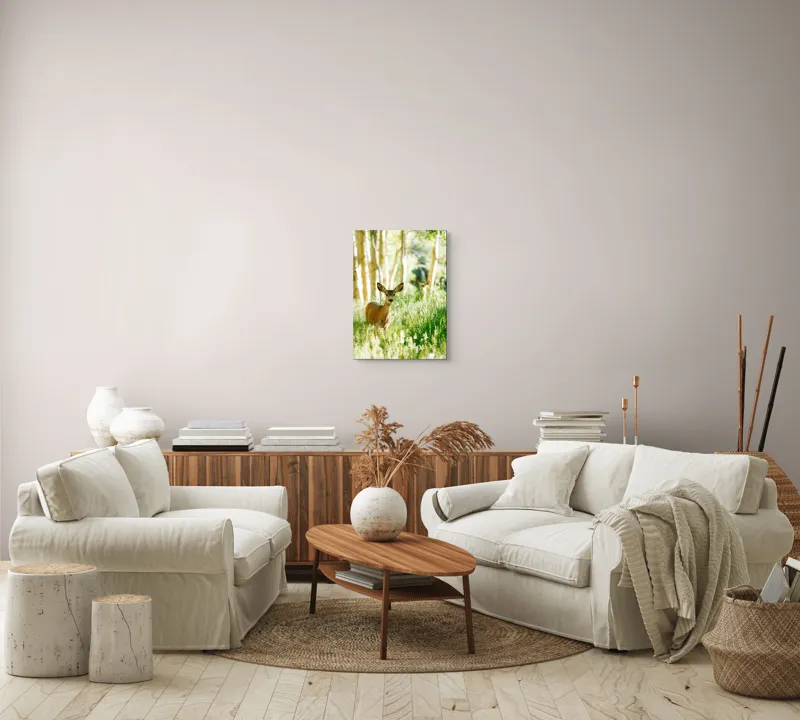 Tablou Canvas, "Caprioara printre mesteceni luminosi", Căprioară, Pădure, Lumină, Iarbă, Copaci, Natură, Serenitate, Verde, Dimineață, 39 x 54 cm – poza 5