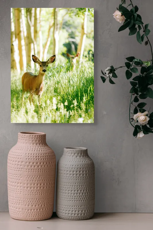 Tablou Canvas, "Caprioara printre mesteceni luminosi", Căprioară, Pădure, Lumină, Iarbă, Copaci, Natură, Serenitate, Verde, Dimineață, 39 x 54 cm – poza 6