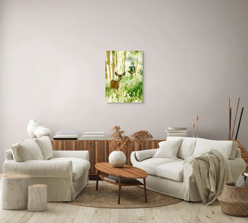 Tablou Canvas, "Caprioara printre mesteceni luminosi", Căprioară, Pădure, Lumină, Iarbă, Copaci, Natură, Serenitate, Verde, Dimineață, 50 x 70 cm – poza 4