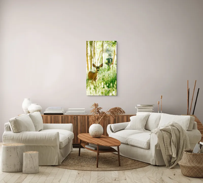 Tablou Canvas, "Caprioara printre mesteceni luminosi", Căprioară, Pădure, Lumină, Iarbă, Copaci, Natură, Serenitate, Verde, Dimineață, 50 x 90 cm – poza 7