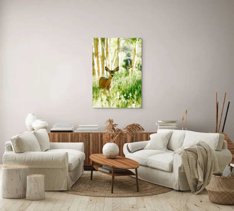 Tablou Canvas, "Caprioara printre mesteceni luminosi", Căprioară, Pădure, Lumină, Iarbă, Copaci, Natură, Serenitate, Verde, Dimineață, 70 x 100 cm – poza 4