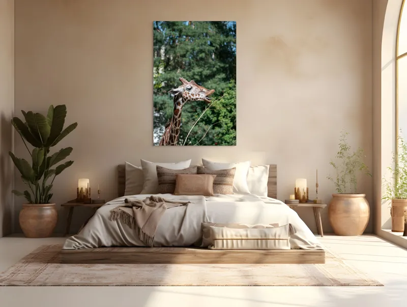 Tablou Canvas, "Girafa savurând hrana sănătoasă", Giraffe, Tree, Leaves, Tall, Nature, Spots, Branches, Green, Wildlife, 100 x 150 cm – poza 3