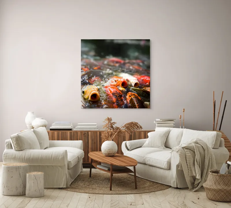 Tablou Canvas, "Dansul vibrant al peștilor Koi", Pești, Apă, Culori, Mișcare, Reflexie, Natură, Lumină, Energie, Viață, 100 x 100 cm – poza 3