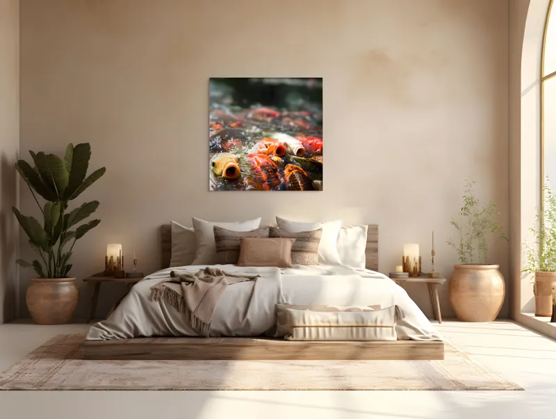 Tablou Canvas, "Dansul vibrant al peștilor Koi", Pești, Apă, Culori, Mișcare, Reflexie, Natură, Lumină, Energie, Viață, 100 x 100 cm – poza 4