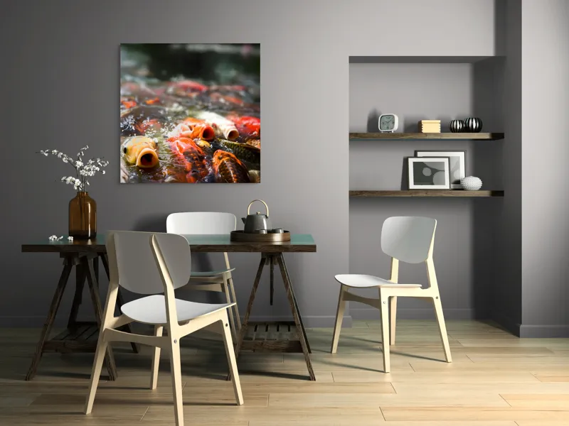 Tablou Canvas, "Dansul vibrant al peștilor Koi", Pești, Apă, Culori, Mișcare, Reflexie, Natură, Lumină, Energie, Viață, 100 x 100 cm – poza 6
