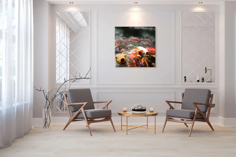 Tablou Canvas, "Dansul vibrant al peștilor Koi", Pești, Apă, Culori, Mișcare, Reflexie, Natură, Lumină, Energie, Viață, 100 x 100 cm – poza 7