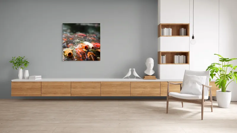Tablou Canvas, "Dansul vibrant al peștilor Koi", Pești, Apă, Culori, Mișcare, Reflexie, Natură, Lumină, Energie, Viață, 100 x 100 cm – poza 8