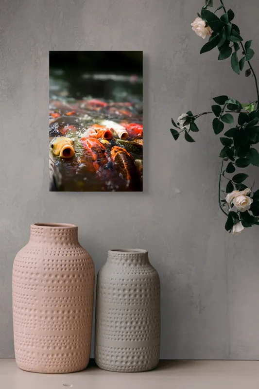 Tablou Canvas, "Dansul vibrant al peștilor Koi", Pești, Apă, Culori, Mișcare, Reflexie, Natură, Lumină, Energie, Viață, 26 x 39 cm – poza 6