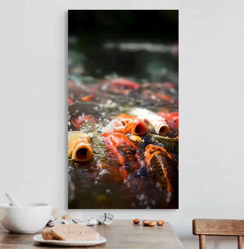 Tablou Canvas, "Dansul vibrant al peștilor Koi", Pești, Apă, Culori, Mișcare, Reflexie, Natură, Lumină, Energie, Viață, 50 x 90 cm – poza 3