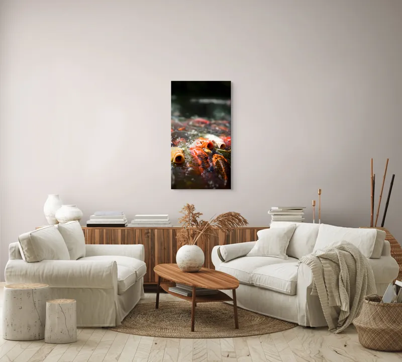 Tablou Canvas, "Dansul vibrant al peștilor Koi", Pești, Apă, Culori, Mișcare, Reflexie, Natură, Lumină, Energie, Viață, 50 x 90 cm – poza 7