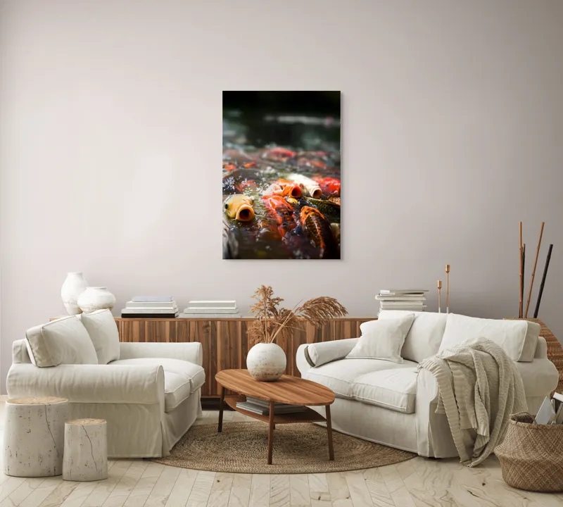 Tablou Canvas, "Dansul vibrant al peștilor Koi", Pești, Apă, Culori, Mișcare, Reflexie, Natură, Lumină, Energie, Viață, 70 x 100 cm – poza 4