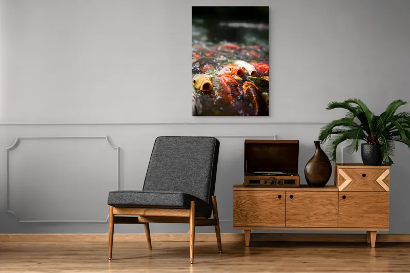 Tablou Canvas, "Dansul vibrant al peștilor Koi", Pești, Apă, Culori, Mișcare, Reflexie, Natură, Lumină, Energie, Viață, 70 x 100 cm – poza 6
