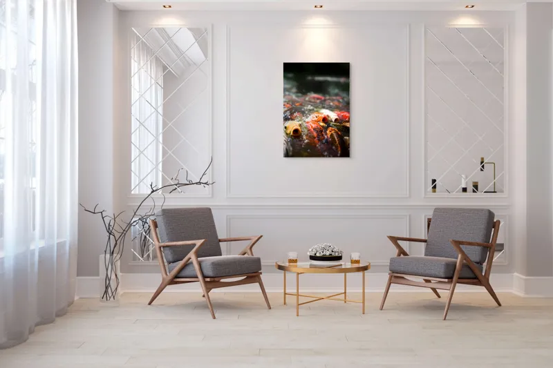 Tablou Canvas, "Dansul vibrant al peștilor Koi", Pești, Apă, Culori, Mișcare, Reflexie, Natură, Lumină, Energie, Viață, 70 x 100 cm – poza 8