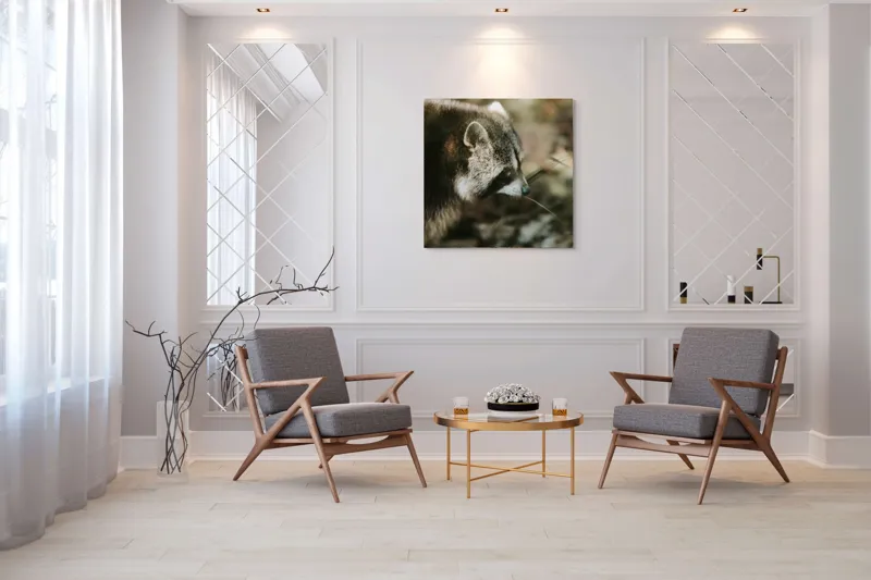Tablou Canvas, "Blândul spion al pădurii verzi", Blană, Dungi, Urechiușe, Natură, Nas, Verdeață, 100 x 100 cm – poza 7