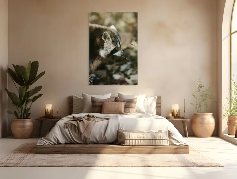 Tablou Canvas, "Blândul spion al pădurii verzi", Blană, Dungi, Urechiușe, Natură, Nas, Verdeață, 100 x 150 cm – poza 3