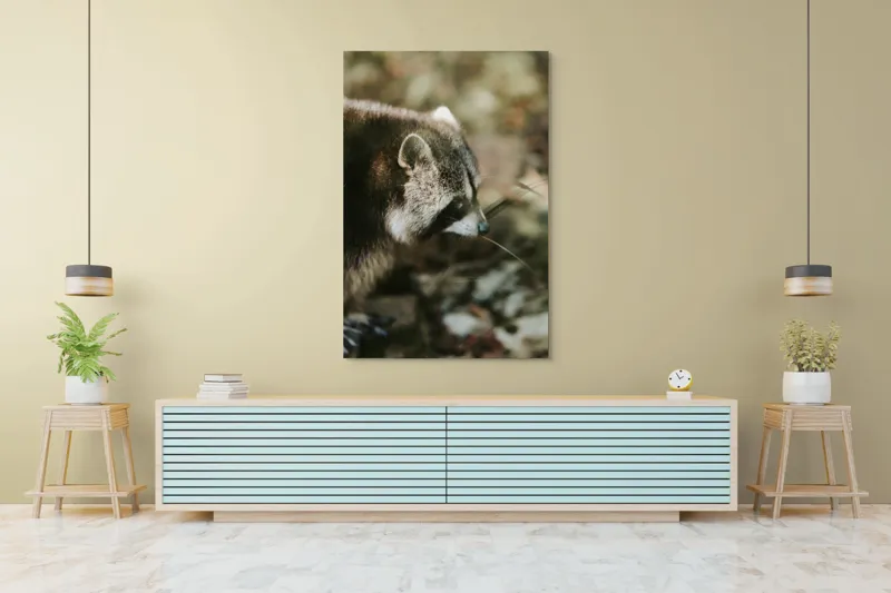 Tablou Canvas, "Blândul spion al pădurii verzi", Blană, Dungi, Urechiușe, Natură, Nas, Verdeață, 100 x 150 cm – poza 4
