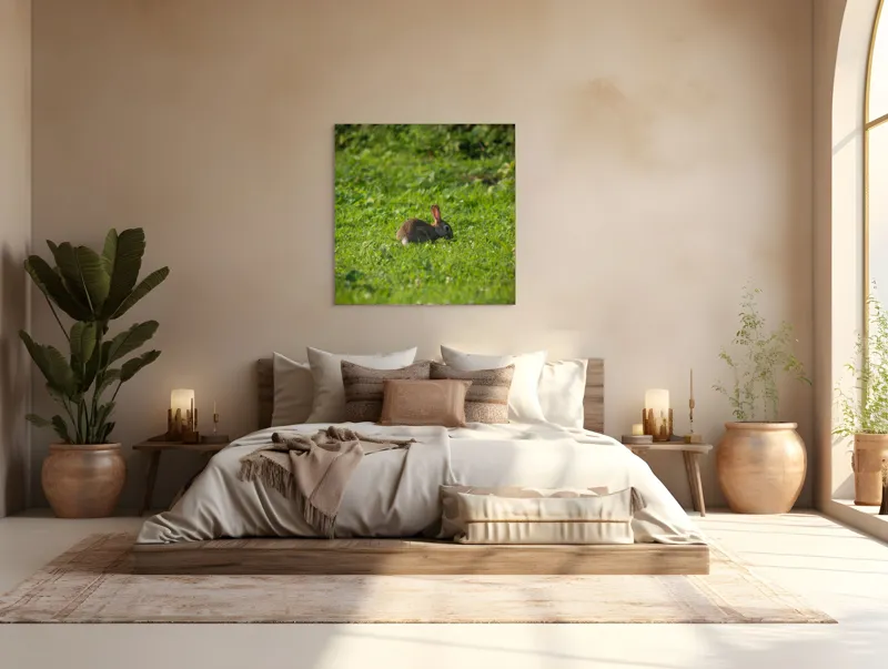 Tablou Canvas, "Iepurașul singuratic pe pajiștea verde", Iepuraș, Verdeață, Natură, Calm, Libertate., 100 x 100 cm – poza 4