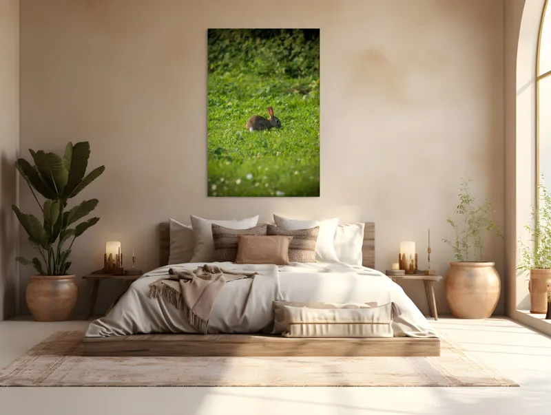 Tablou Canvas, "Iepurașul singuratic pe pajiștea verde", Iepuraș, Verdeață, Natură, Calm, Libertate., 100 x 150 cm – poza 3