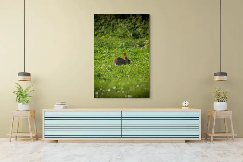 Tablou Canvas, "Iepurașul singuratic pe pajiștea verde", Iepuraș, Verdeață, Natură, Calm, Libertate., 100 x 150 cm – poza 4