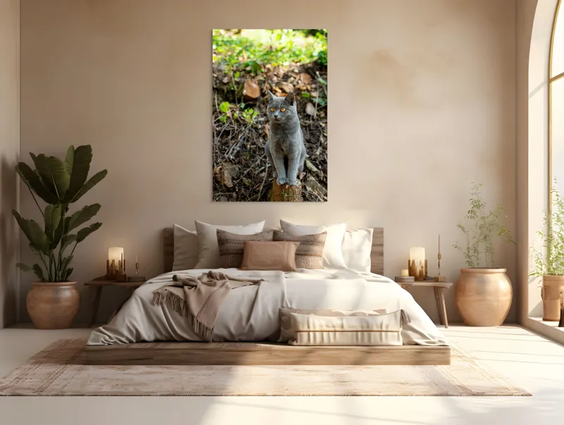 Tablou Canvas, "Pisică gri în pădurea însorită", Pisică, Gri, Ochii-Maronii, Pădure, Natură, Curiozitate, Postură, Blană-Moale, Lumina, Fundal-Verde., 100 x 150 cm – poza 3