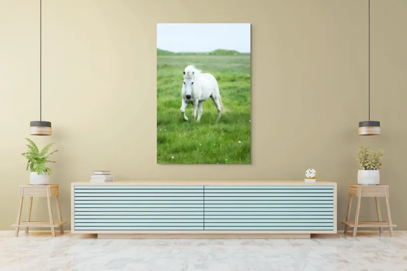 Tablou Canvas, "Călătorie prin pajiștea verde intens", Cal, Alb, Pășune, Verde, Blând, Peisaj, Natural, Câmpie, 100 x 150 cm – poza 4