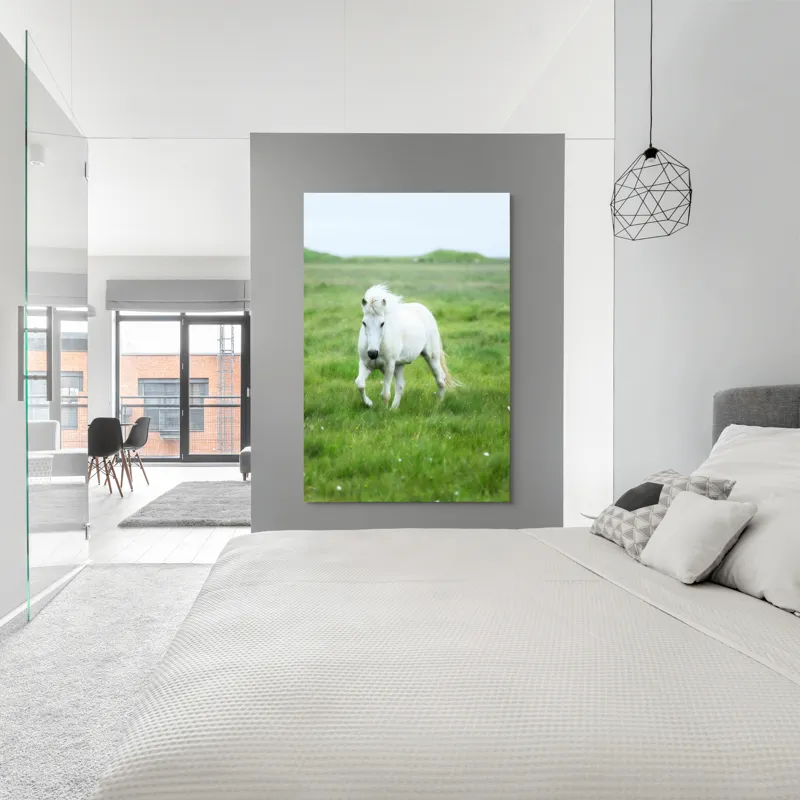 Tablou Canvas, "Călătorie prin pajiștea verde intens", Cal, Alb, Pășune, Verde, Blând, Peisaj, Natural, Câmpie, 100 x 150 cm – poza 5