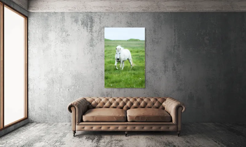 Tablou Canvas, "Călătorie prin pajiștea verde intens", Cal, Alb, Pășune, Verde, Blând, Peisaj, Natural, Câmpie, 100 x 150 cm – poza 6