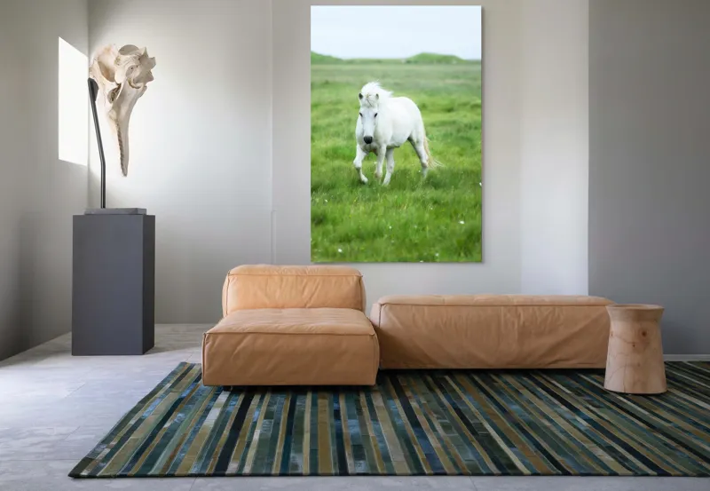 Tablou Canvas, "Călătorie prin pajiștea verde intens", Cal, Alb, Pășune, Verde, Blând, Peisaj, Natural, Câmpie, 100 x 150 cm – poza 7