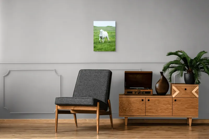 Tablou Canvas, "Călătorie prin pajiștea verde intens", Cal, Alb, Pășune, Verde, Blând, Peisaj, Natural, Câmpie, 39 x 54 cm – poza 8